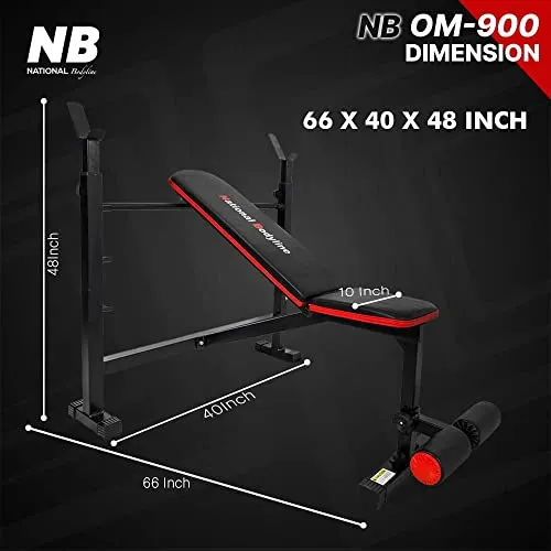 National Bodyline Adjustable Weight Bench Full Body Workout, Foldable Inclined Decline Flat Fitness Home Gym Bench without Leg Curl (Black) - Weight Limit : 400 LB